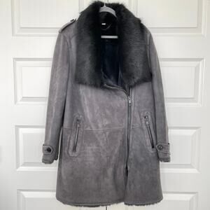 Vintage Burberry Asymmetric Zippered Lamb Shearling Fur Coat Dark Gray Size 12